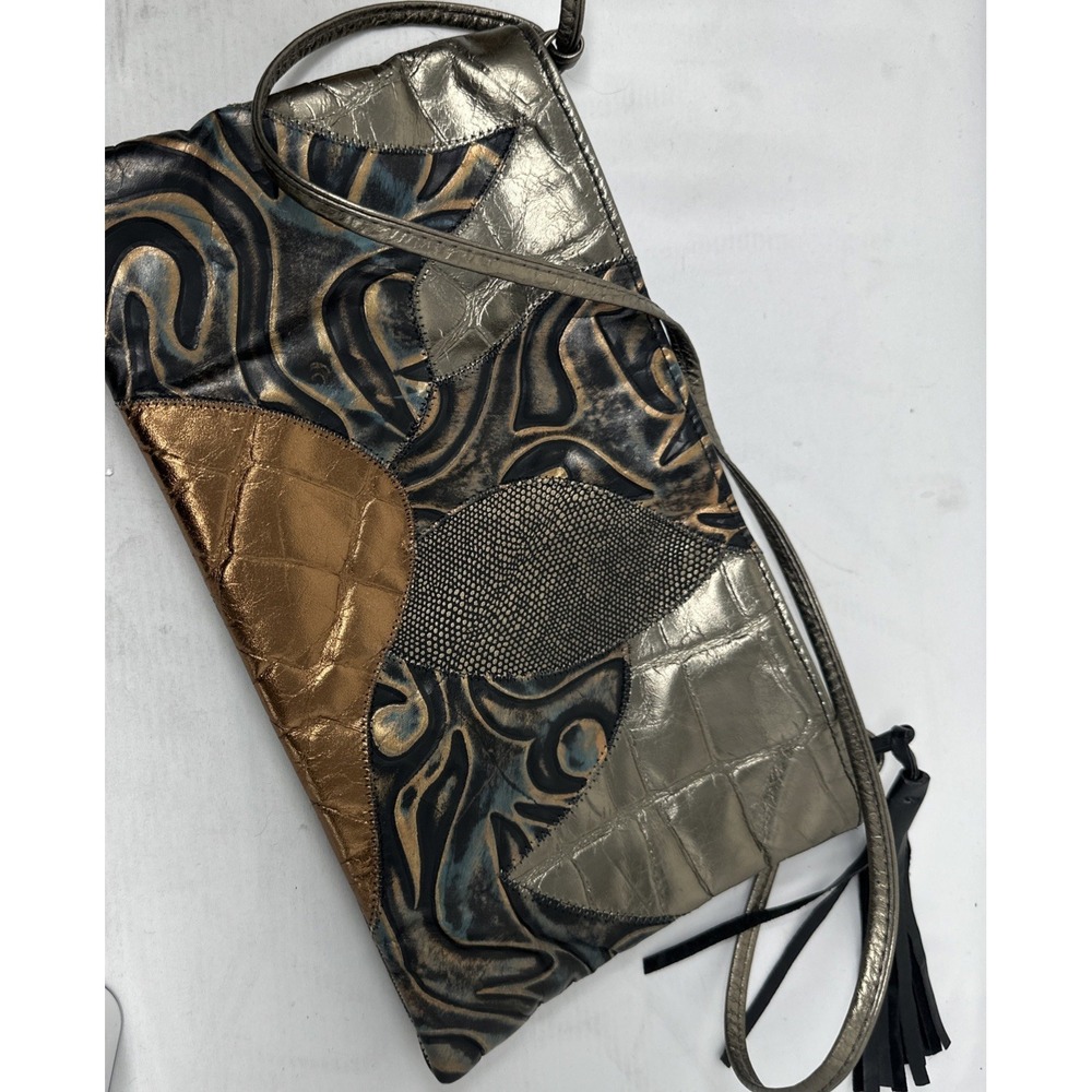 Vintage Artisan Tooled Leather Crossbody Shoulder Bag Purse Metal Accent Designs